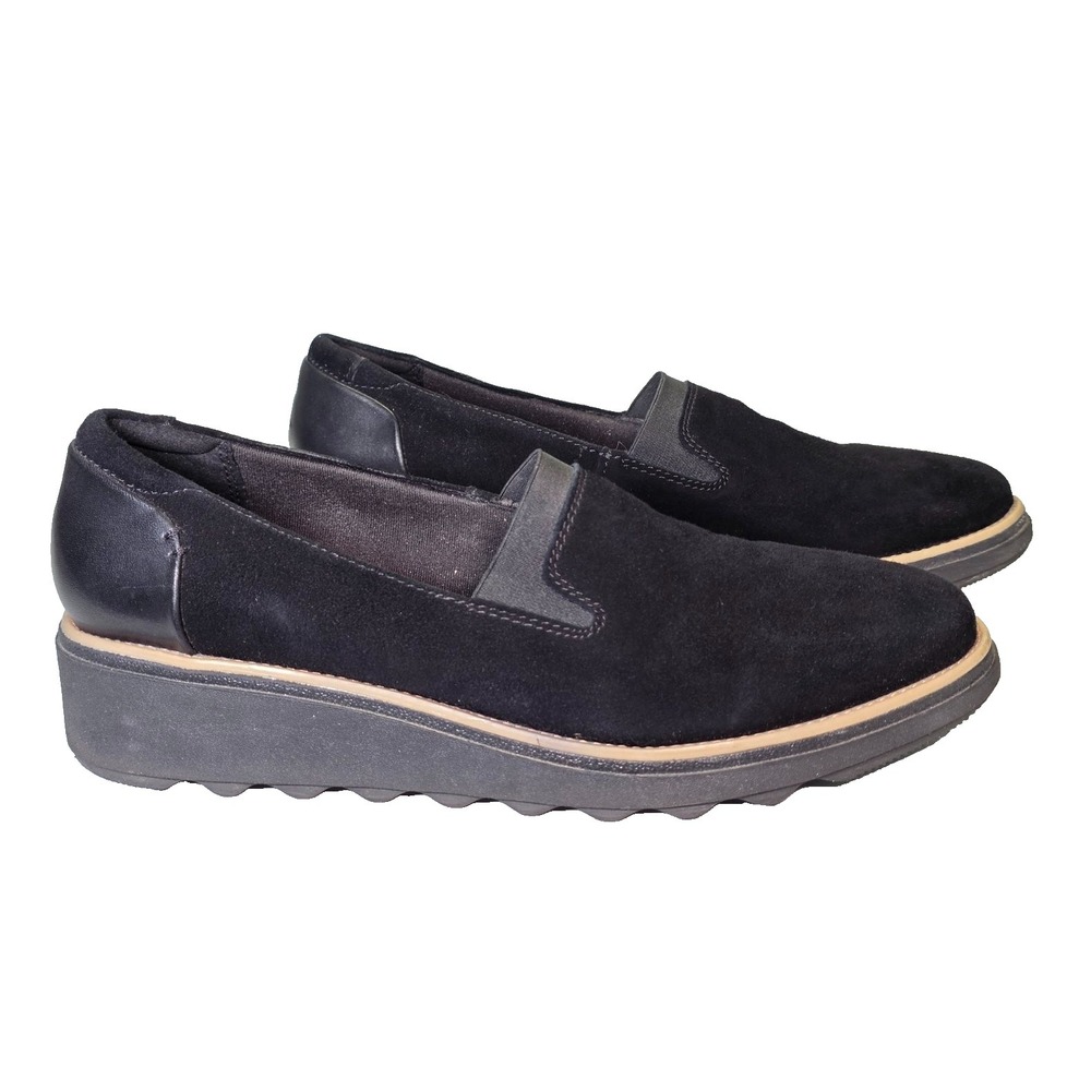 Clarks Collection Sharon Dolly Womens Loafers Size 9.5 Black Suede Slip On Shoes
